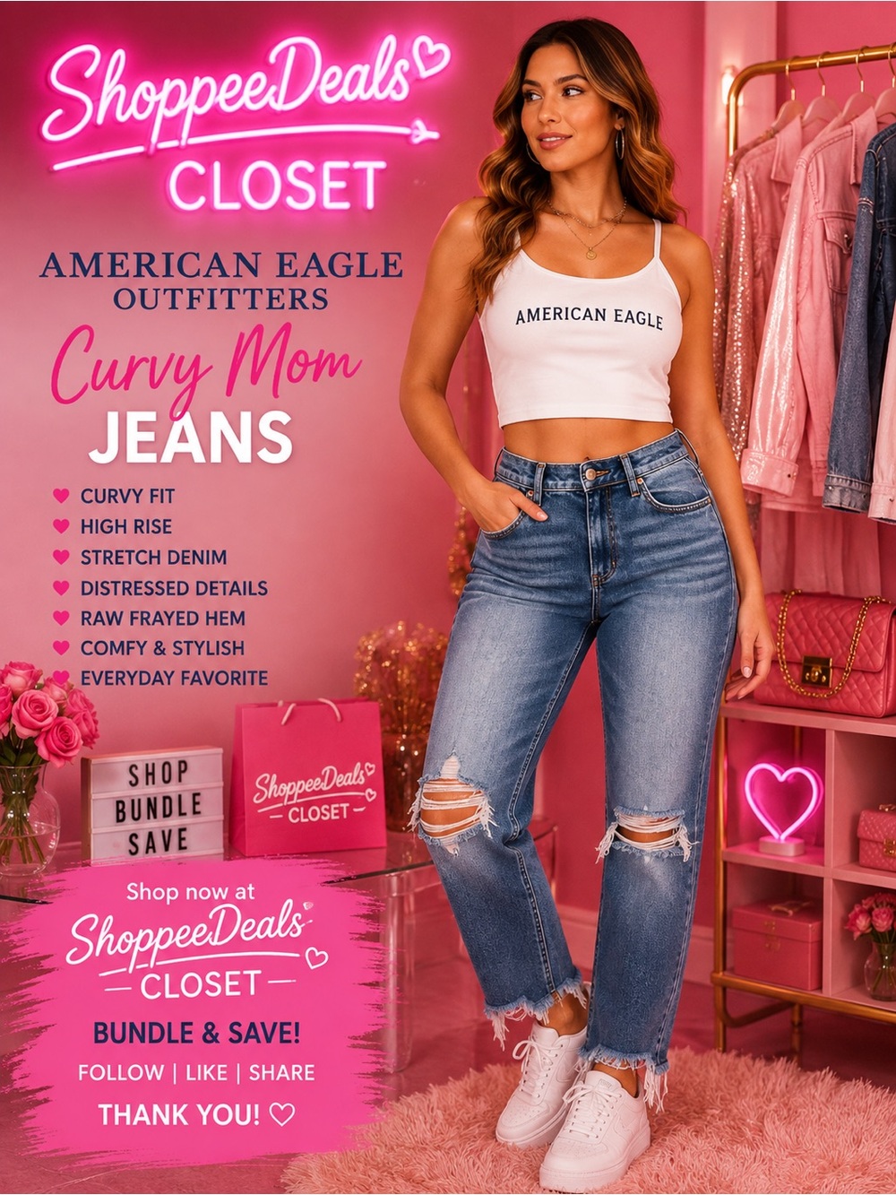 American Eagle Curvy Mom Jeans Distressed Stretch Denim – Size 16 Regular
